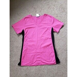 Scrubstar Women's Scrub Top Size XS Shocking Pink Black Stretch Side Panels
